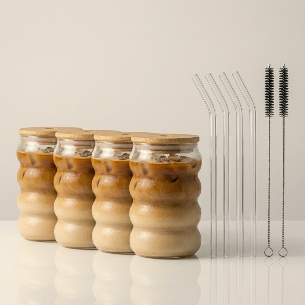 Ribbed Glass Cup with Lid and Straw - Set of 4