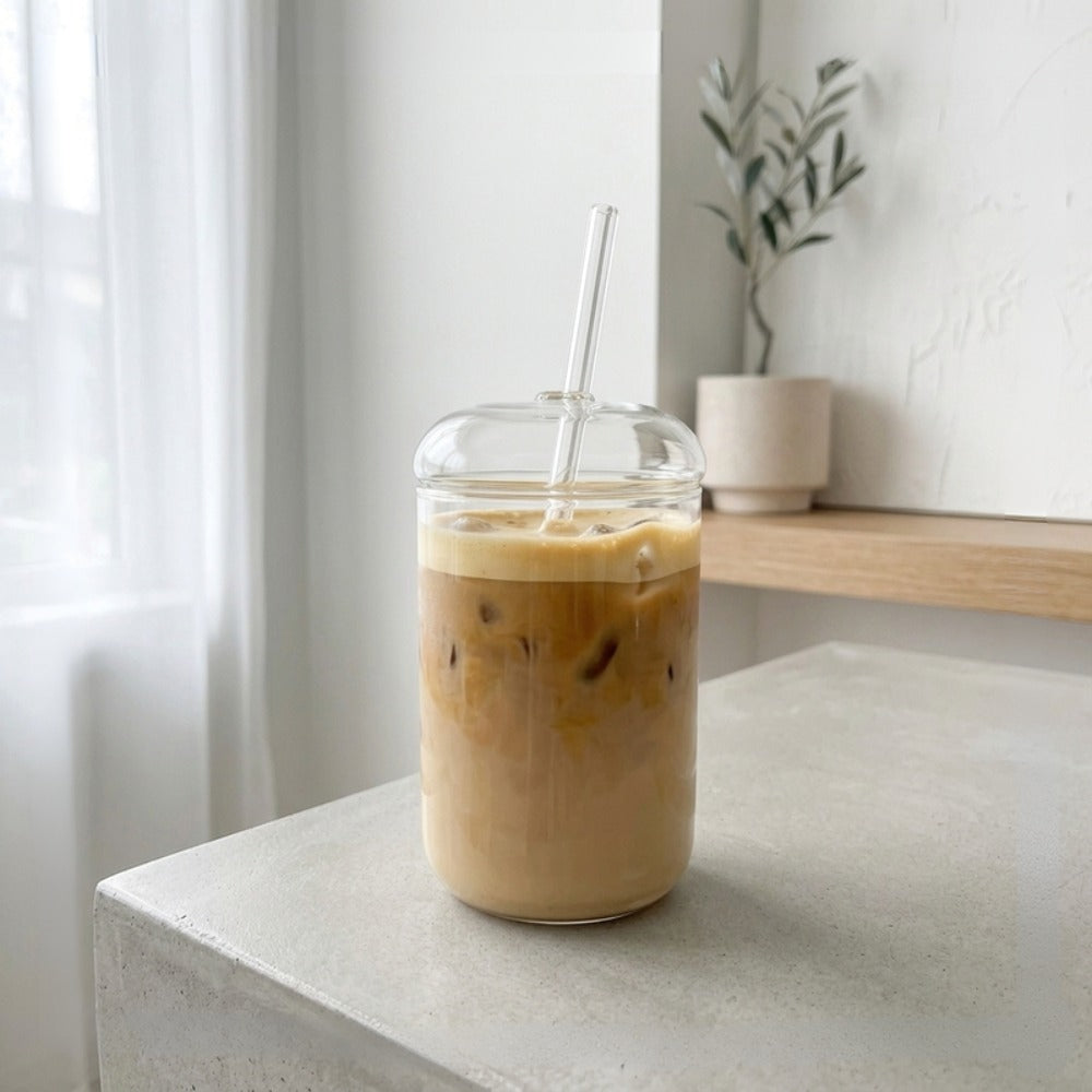 Modern Dome Glass Cup with Lid and Straw - transparent background