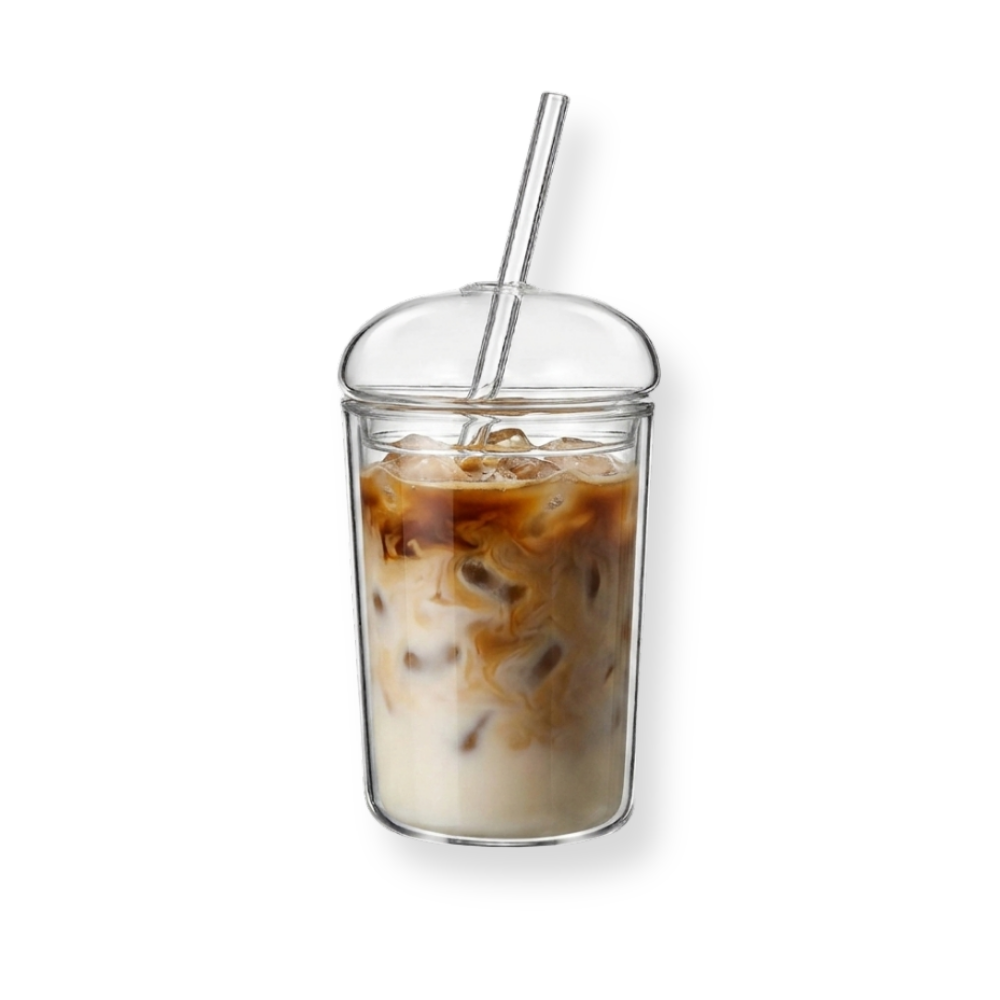 Modern Dome Glass Cup with Lid and Straw - transparent background 2