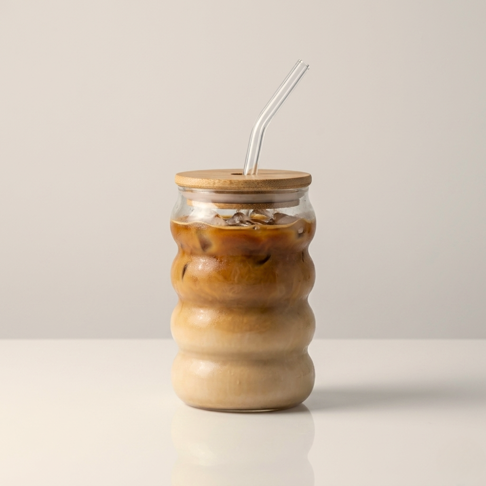 Ribbed Glass Cup with Lid and Straw - Individual