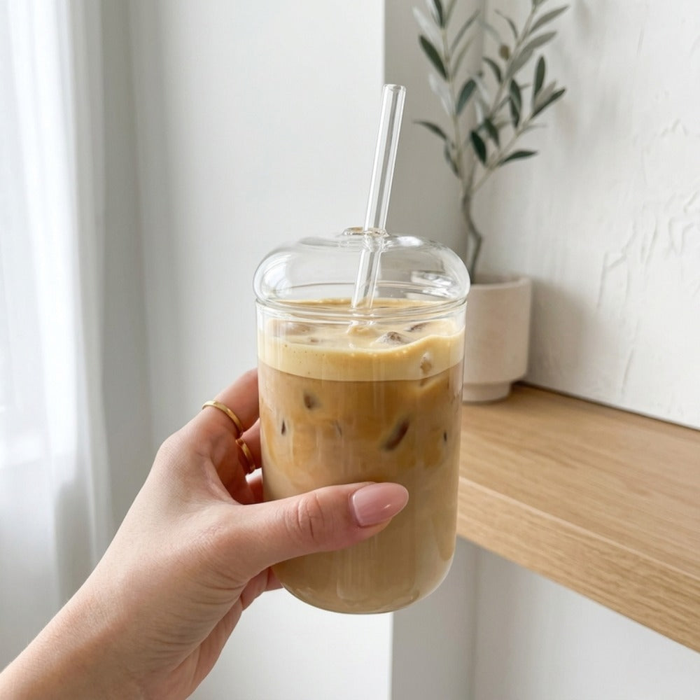Modern Dome Glass Cup with Lid and Straw - lifestyle image 2