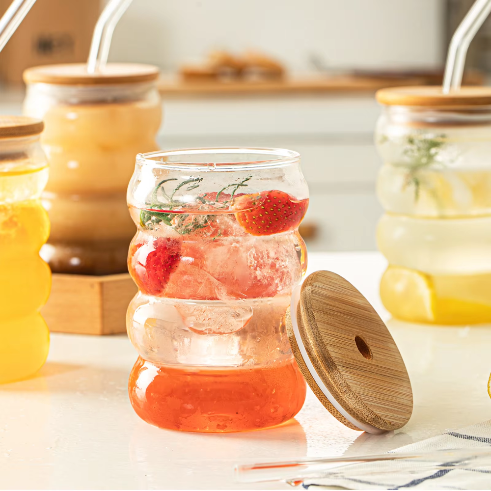 Ribbed Glass Cup with Lid and Straw