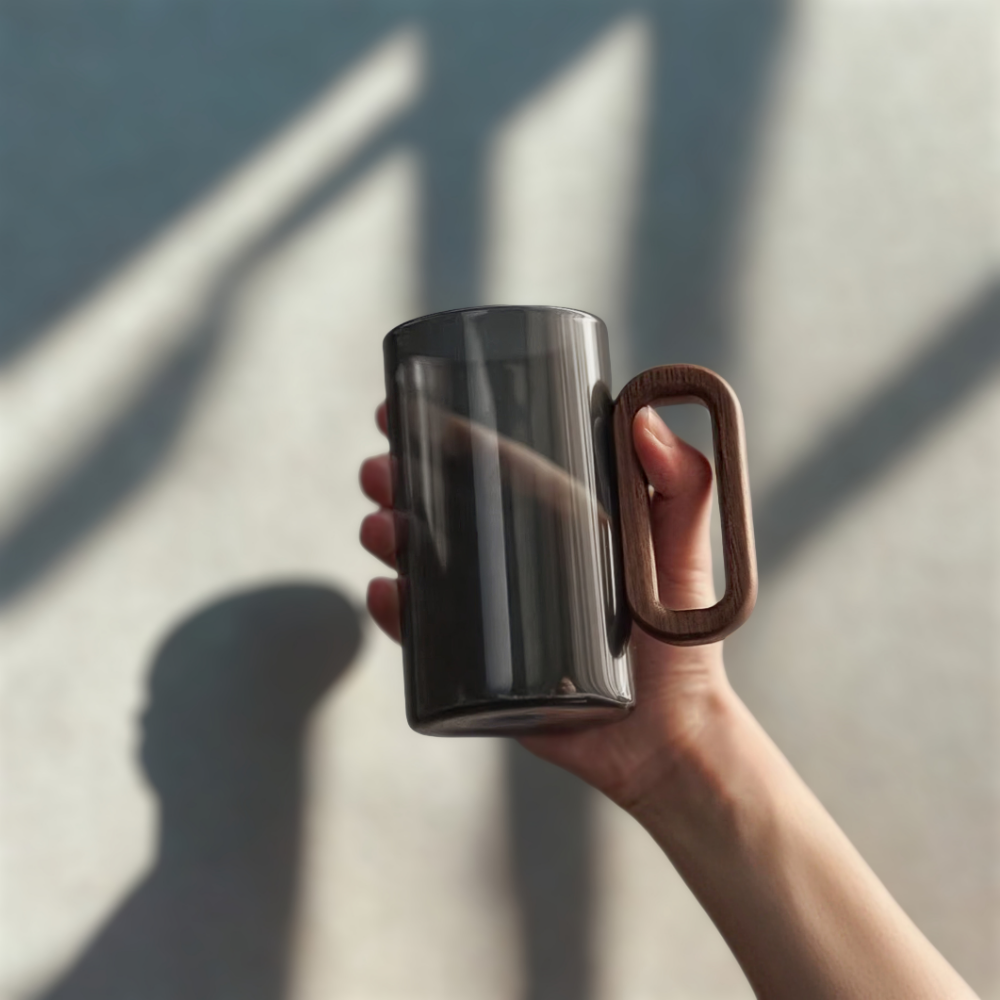 Wood Handle Modern Glass Mug
