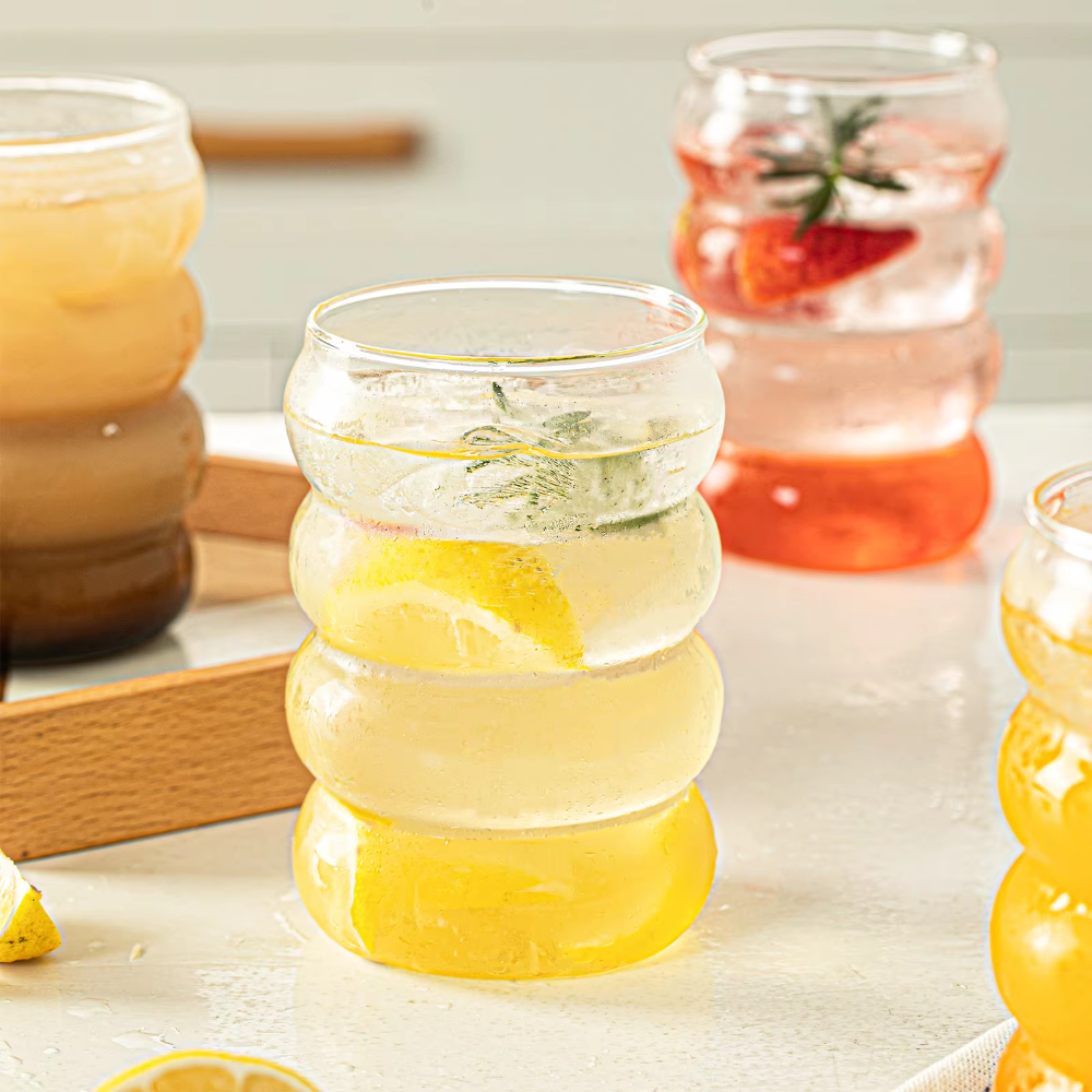 Ribbed Glass Cup with Lid and Straw