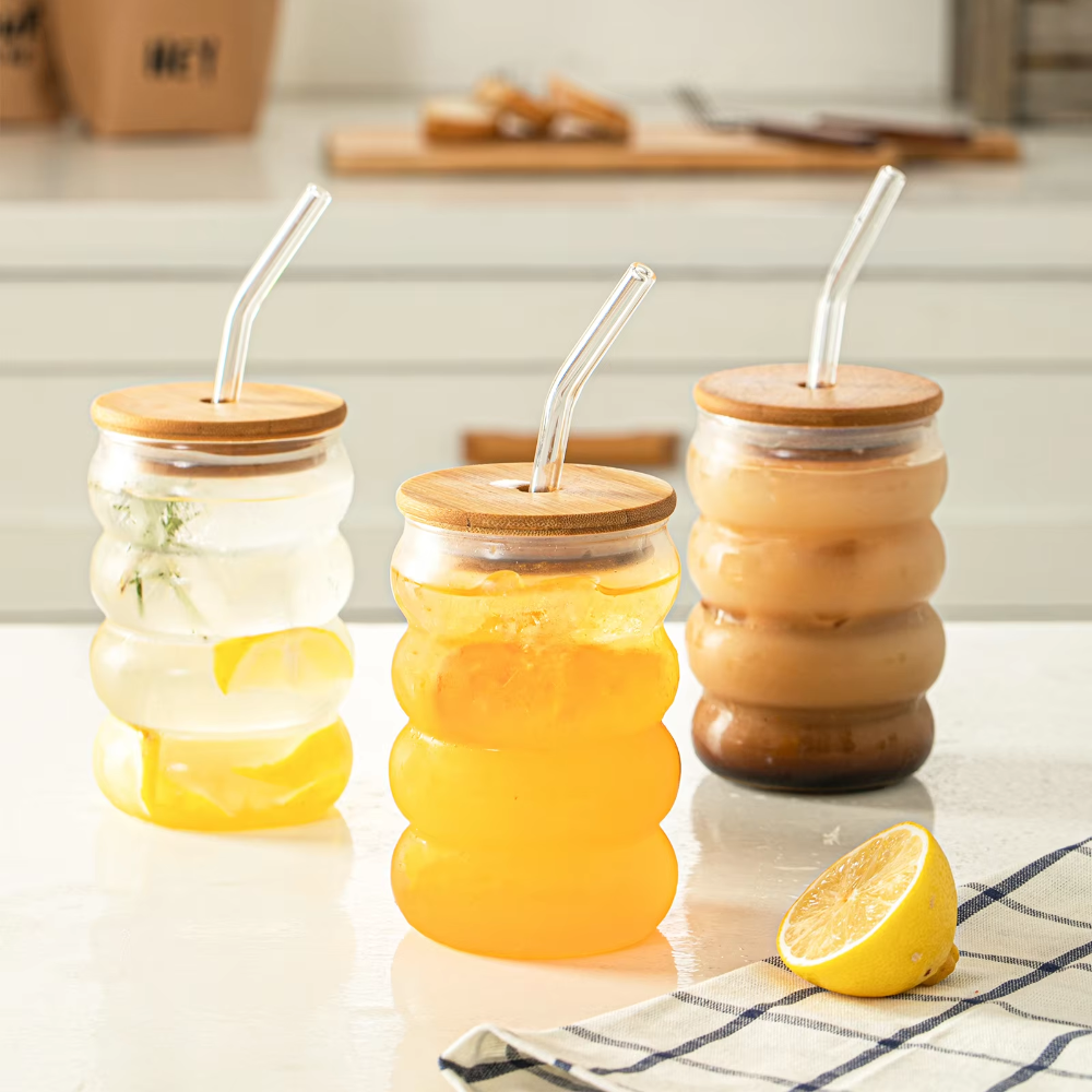 Ribbed Glass Cup with Lid and Straw