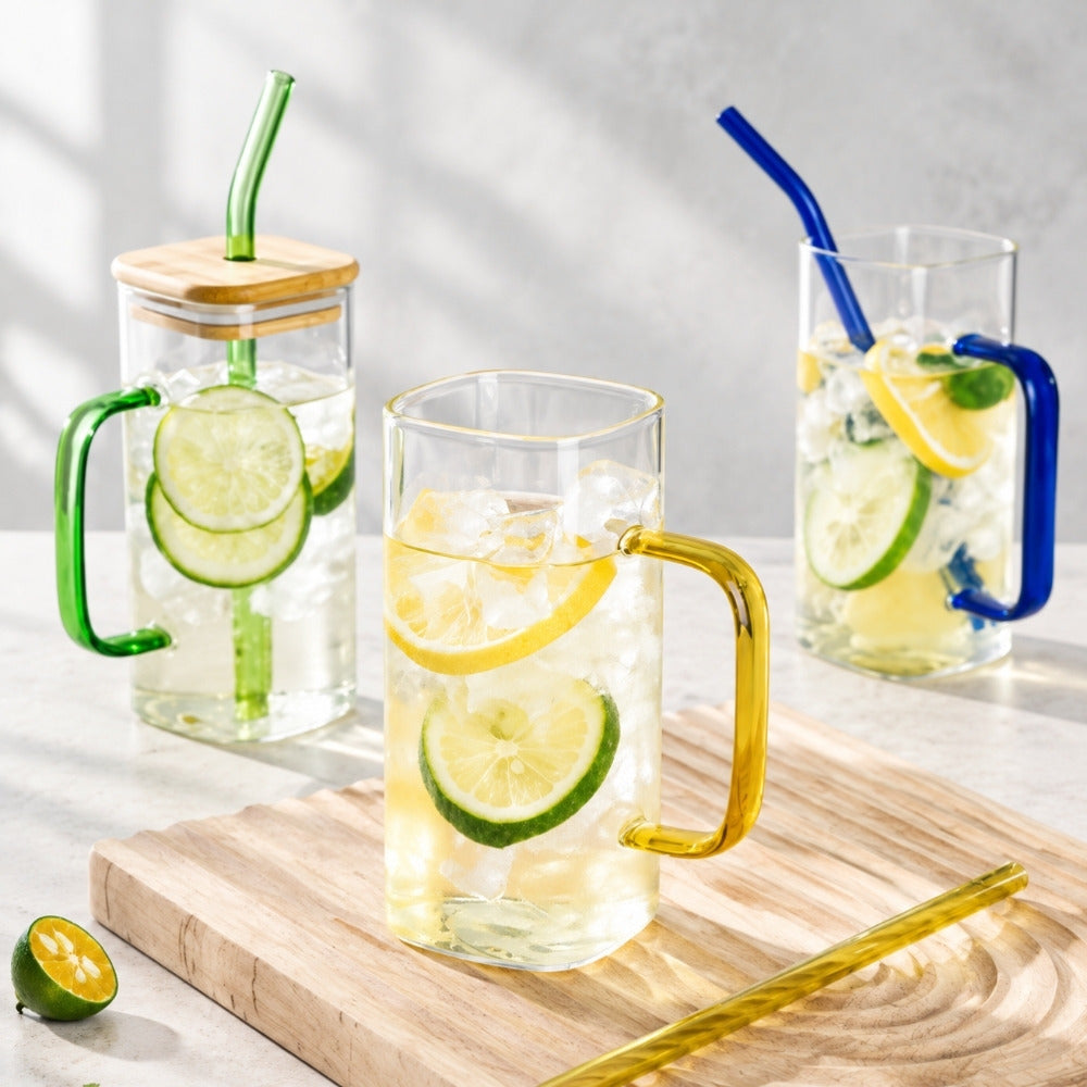 Square Glass Travel Mugs in assorted colours with citrus drinks