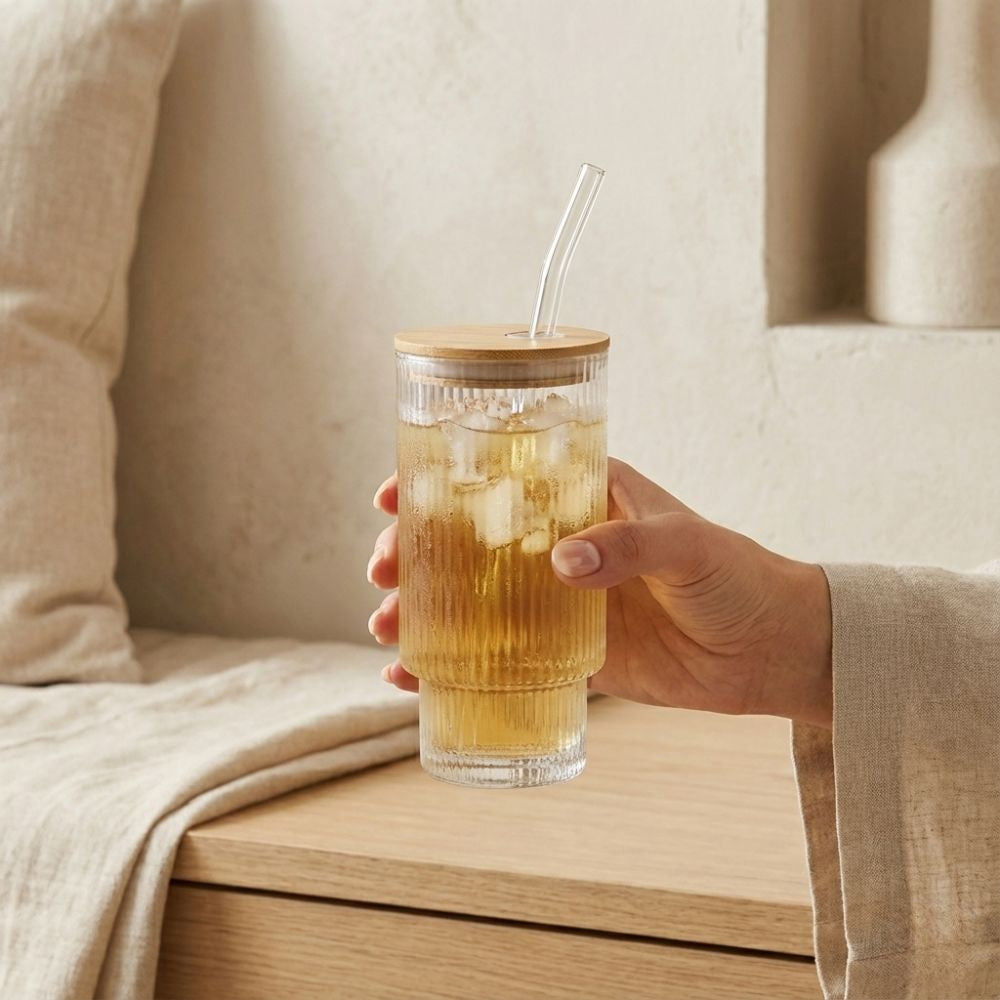 Ribbed Highball Glass Set with Straws and Lids