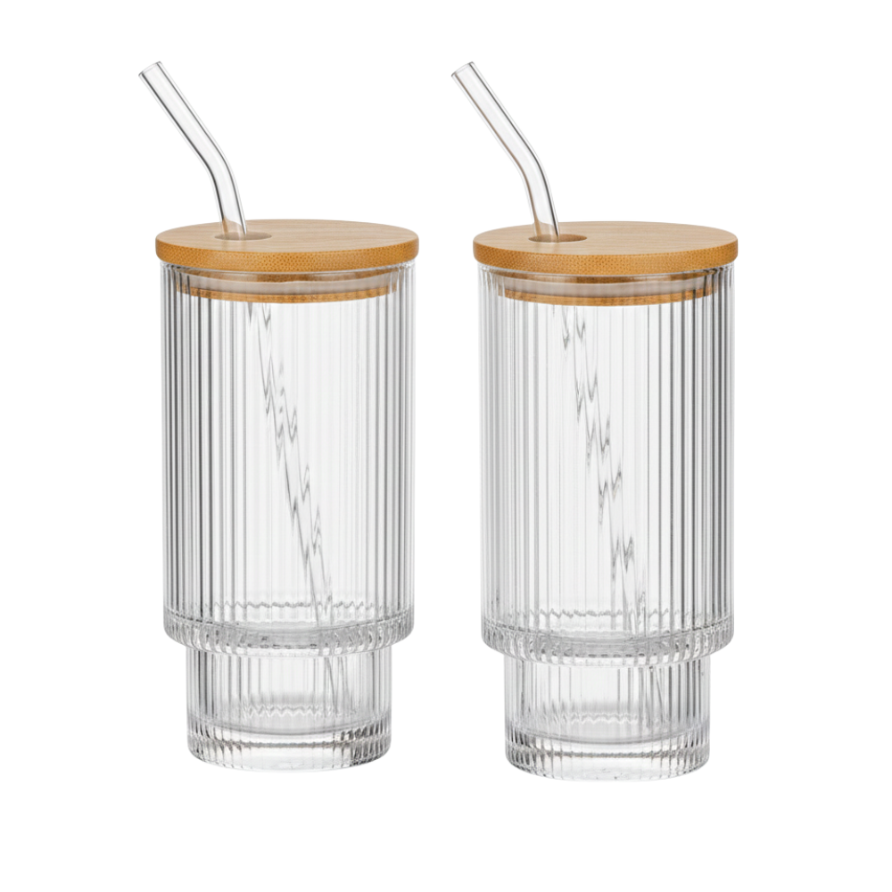 Ribbed Highball Glass Set with Straws and Lids