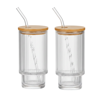 Ribbed Highball Glass Set with Straws and Lids