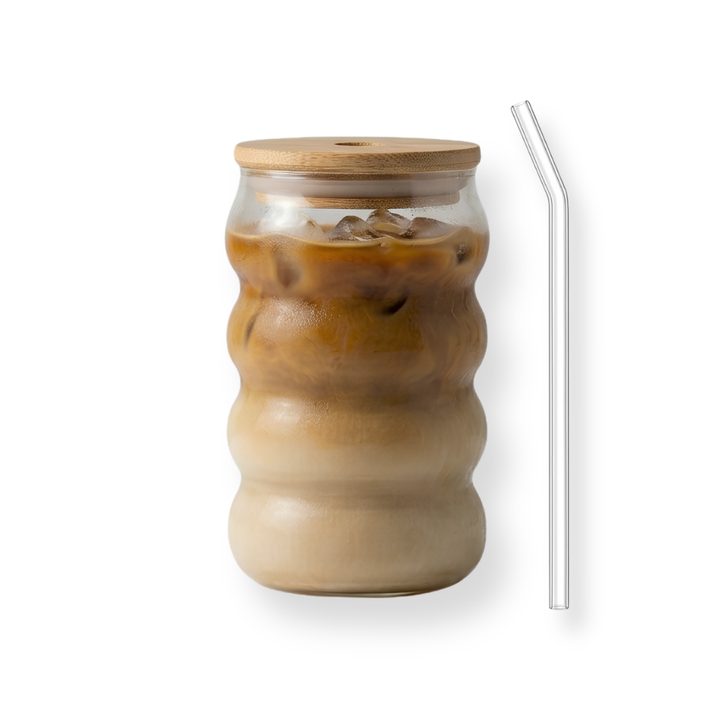 Ripple Glass Cup with Lid and Straw