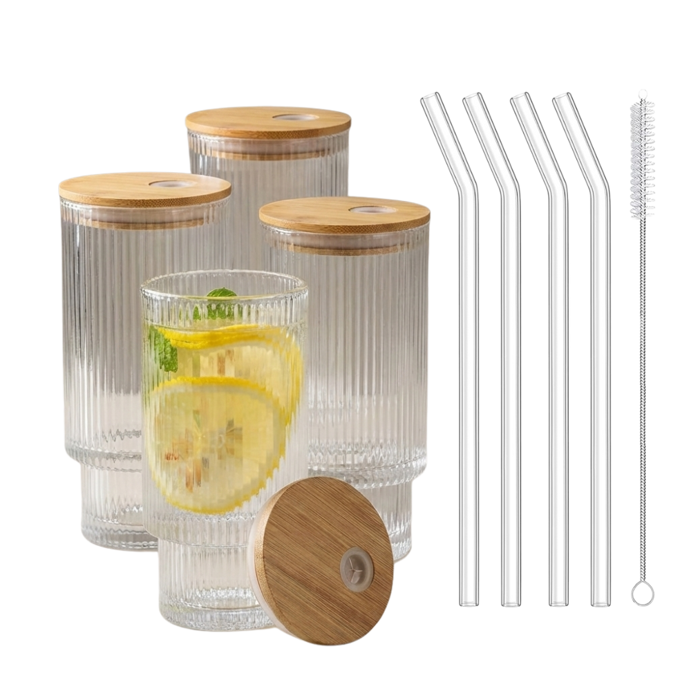 Ribbed Highball Glass Set with Straws and Lids