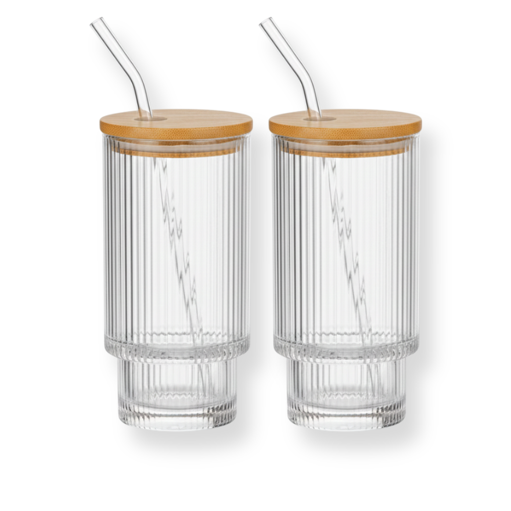 Ribbed Highball Glass Set with Straws and Lids