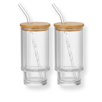 Ribbed Highball Glass Set with Straws and Lids