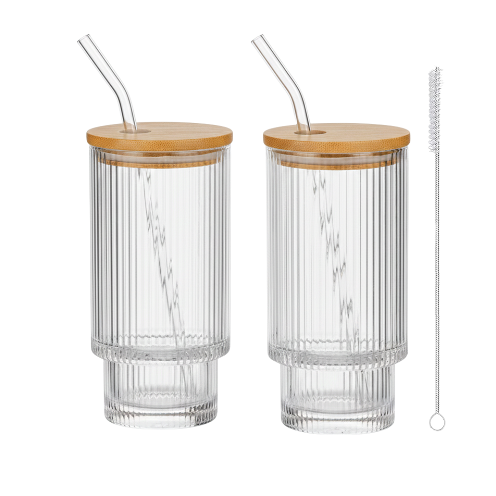 Ribbed Highball Glass Set with Straws and Lids