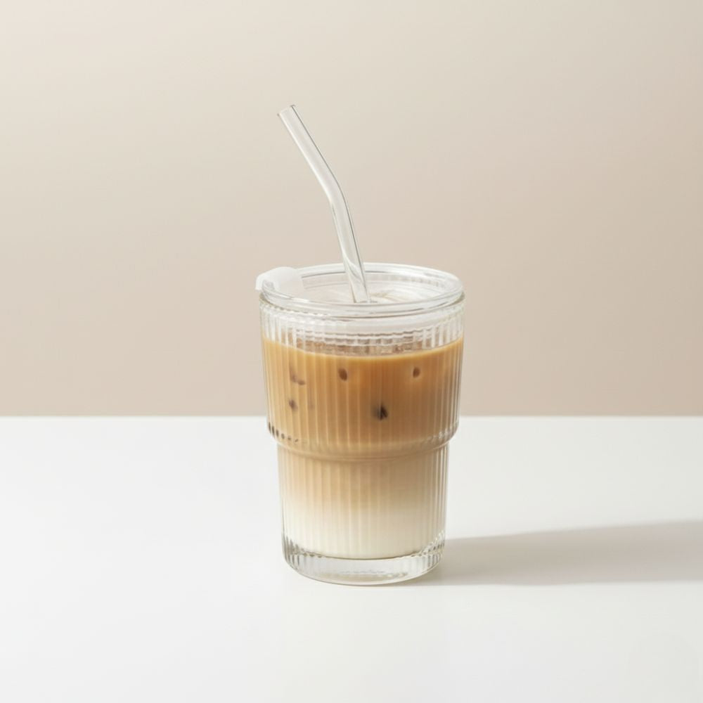 Striped Glass Cup with Straw and Lid