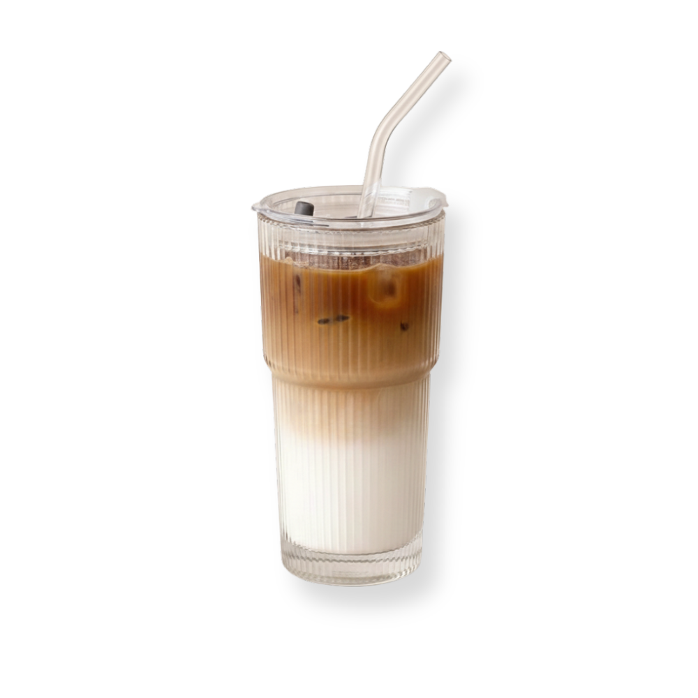 Striped Glass Cup with Straw and Lid