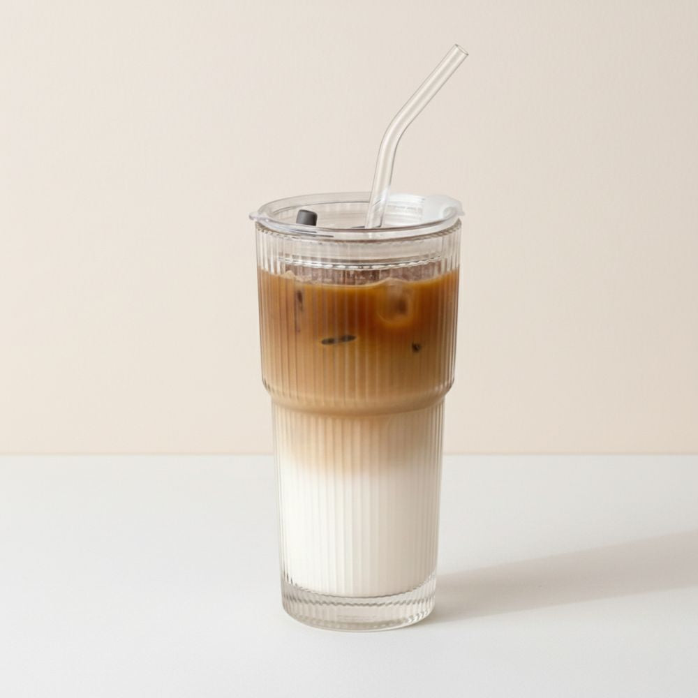 Striped Glass Cup with Straw and Lid