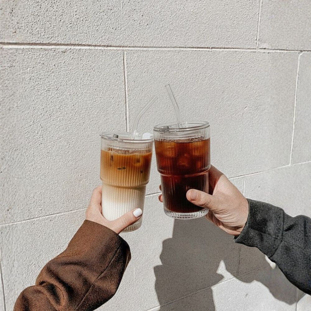 Striped Glass Cup with Straw and Lid