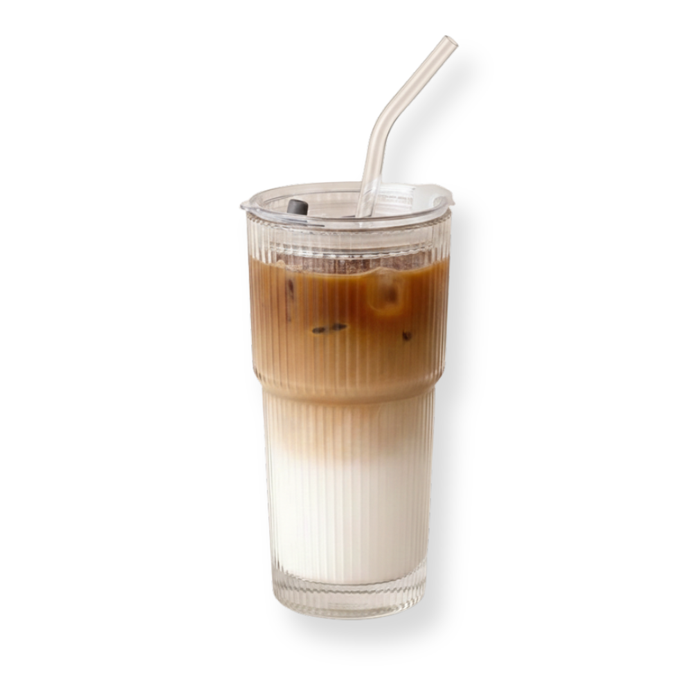 Striped Glass Cup with Straw and Lid