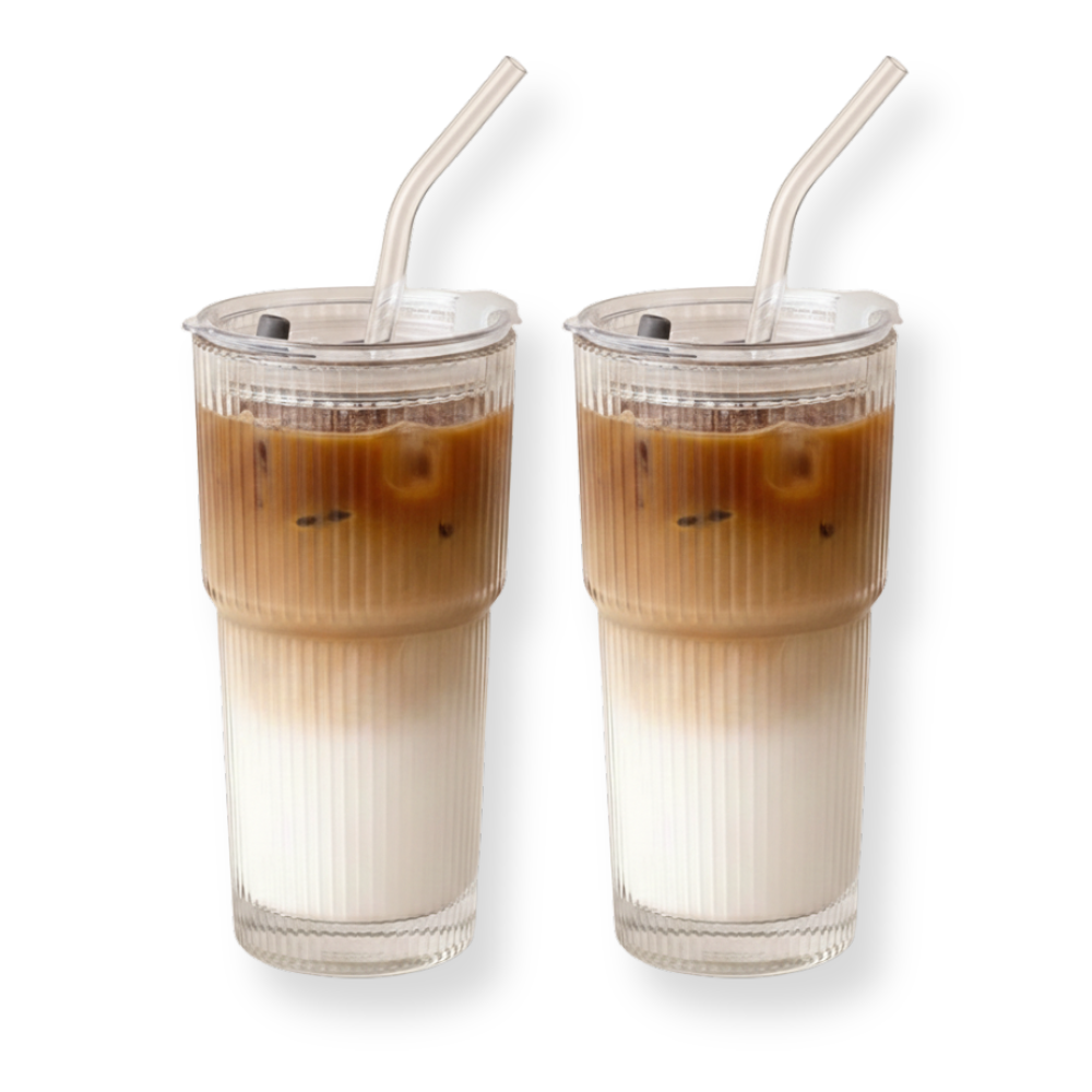 Striped Glass Cup with Straw and Lid