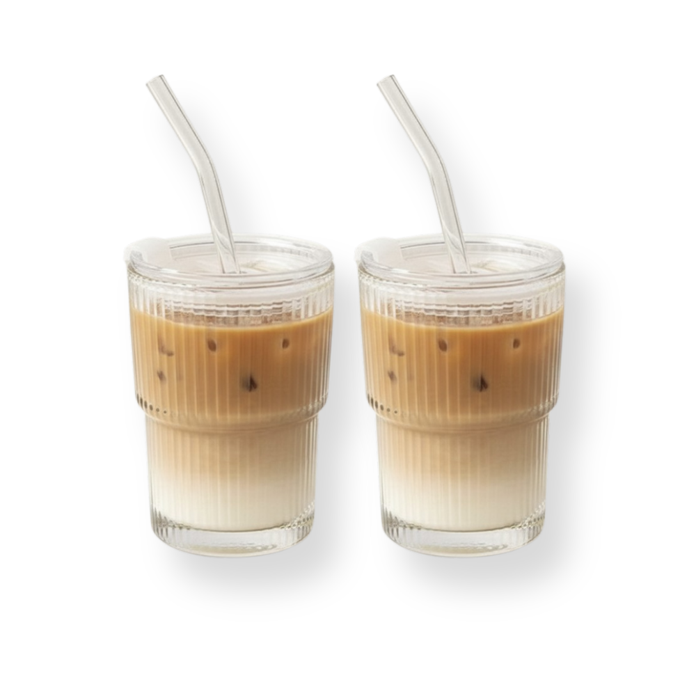 Striped Glass Cup with Straw and Lid