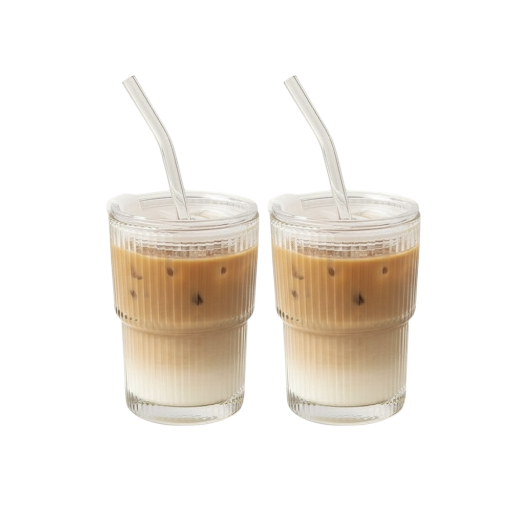 Striped Glass Cup with Straw and Lid