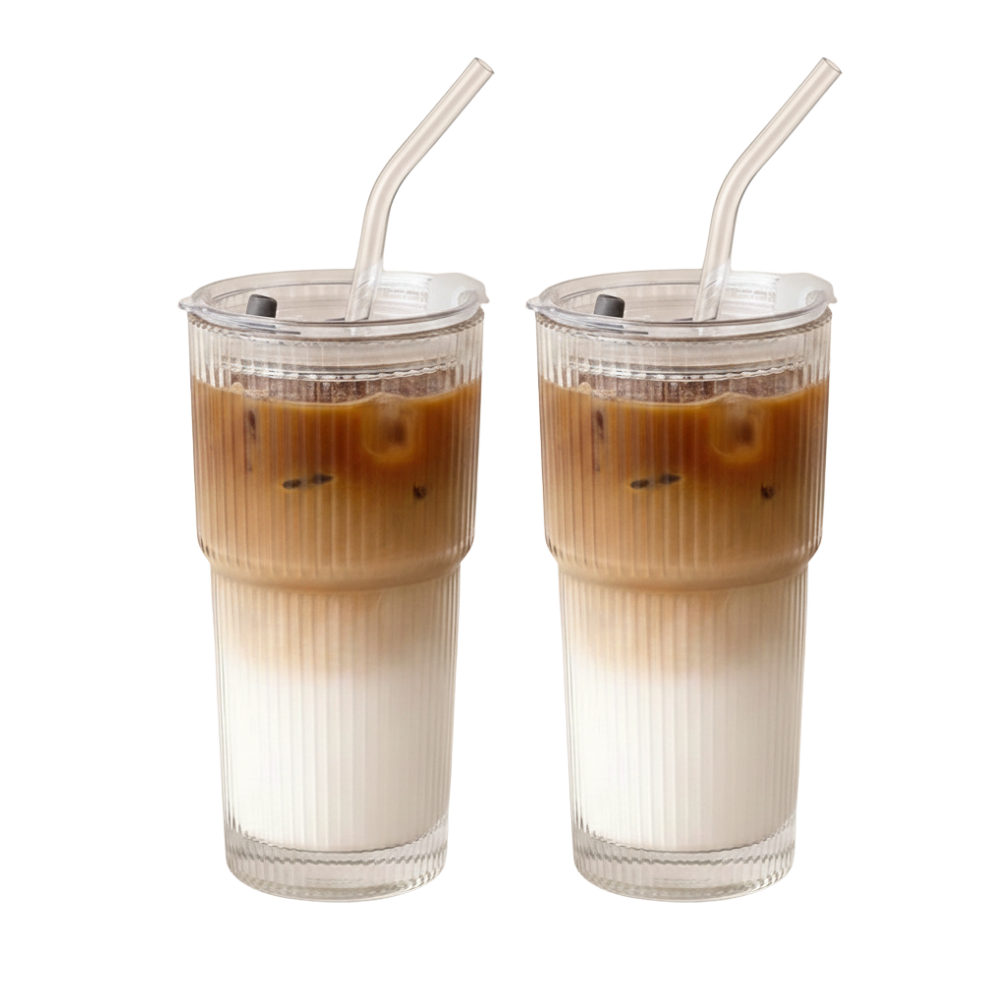 Striped Glass Cup with Straw and Lid