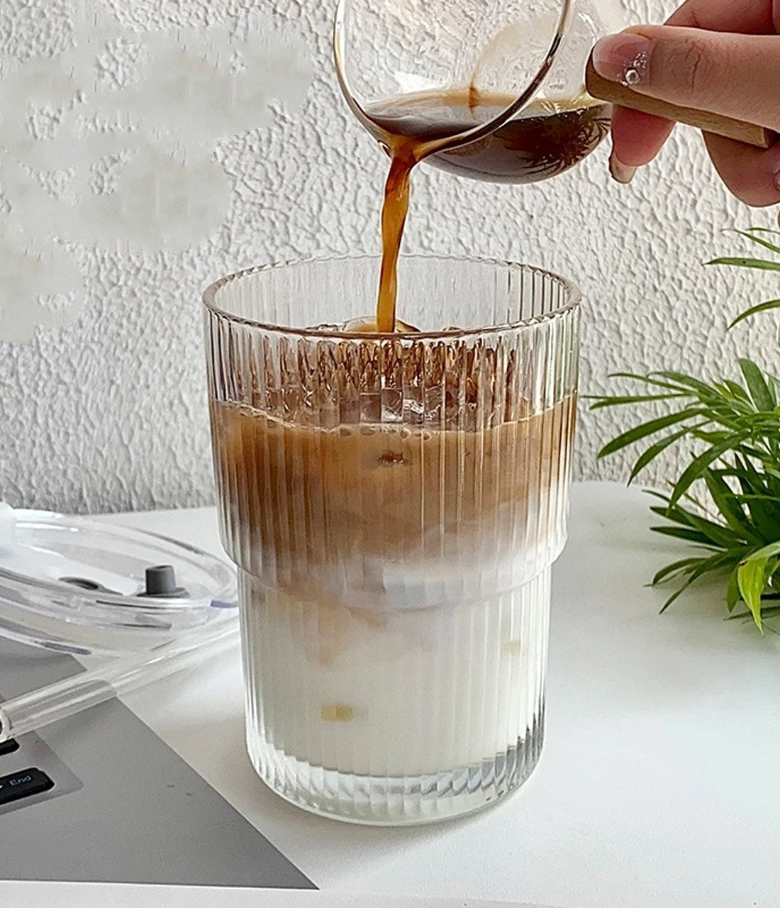 Striped Glass Cup with Straw and Lid