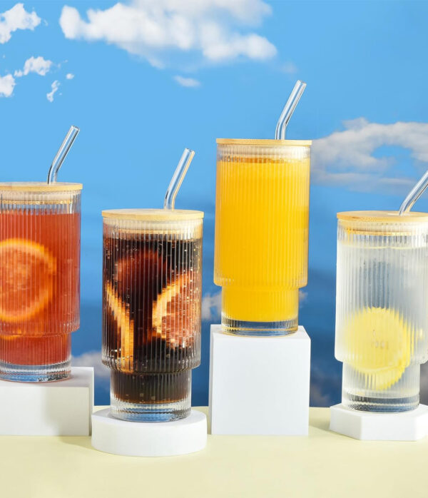 Ribbed Highball Glass Set with Straws and Lids