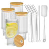 Ribbed Highball Glass Set with Straws and Lids