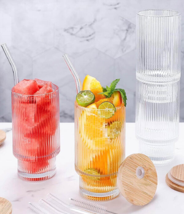 Ribbed Highball Glass Set with Straws and Lids