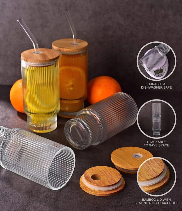 Ribbed Highball Glass Set with Straws and Lids