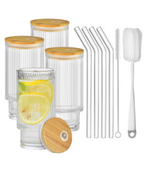 Ribbed Highball Glass Set with Straws and Lids