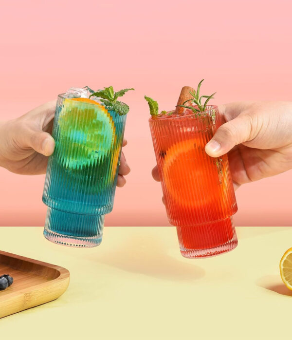 Ribbed Highball Glass Set with Straws and Lids