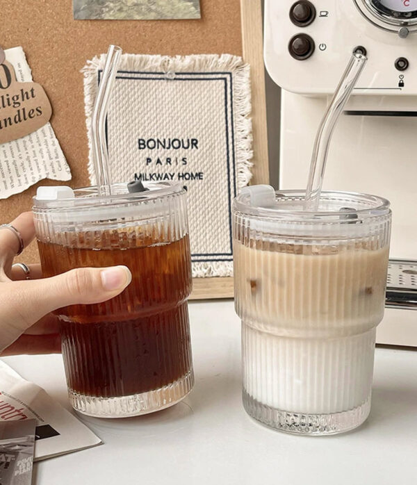 Striped Glass Cup with Straw and Lid