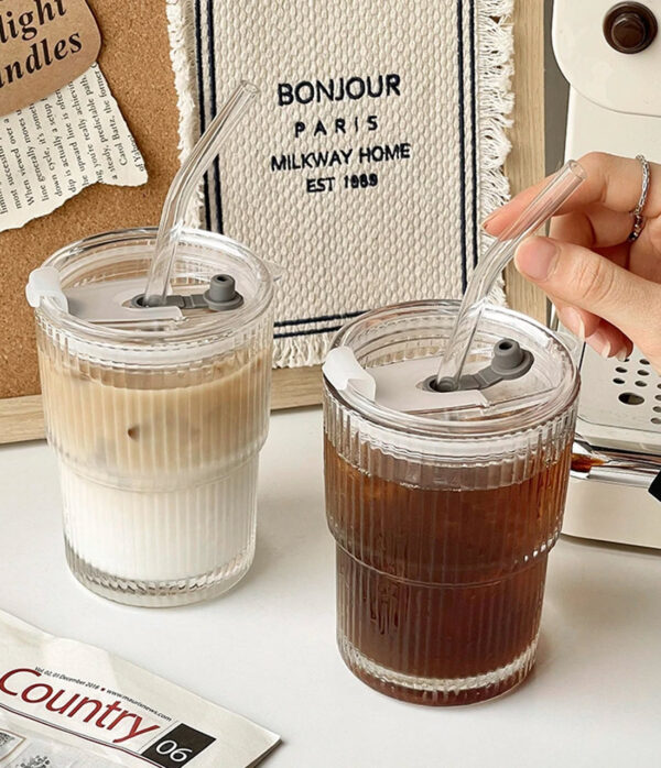 Striped Glass Cup with Straw and Lid